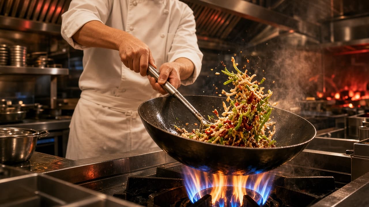 Chef stir-frying over a high flame in the kitchen wok
